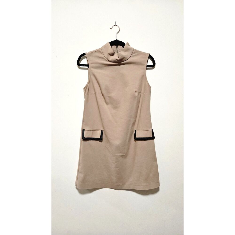 Mango MNG Tan Mod Shift Dress Black Pocket Trim XS